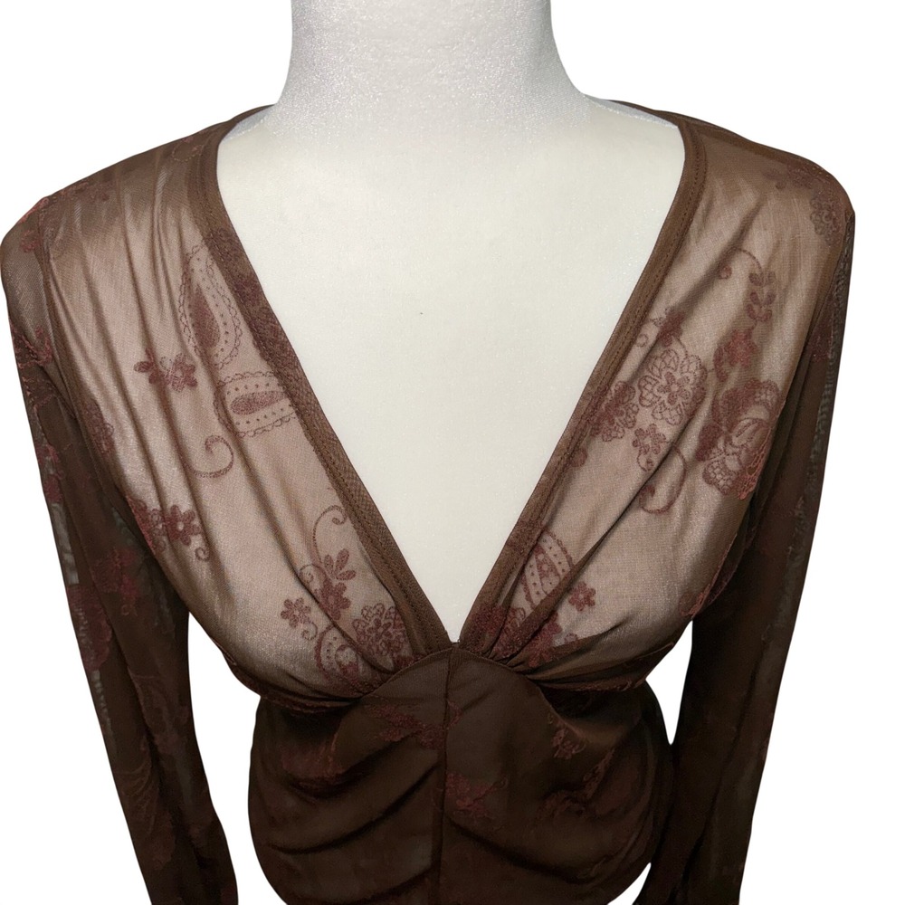 Y2K Wet Seal Brown Sheer Mesh Paisley Floral Tie Cuff Top L Fairy Ethereal - Picture 4 of 10